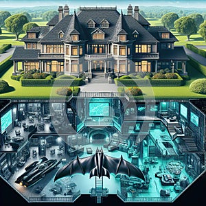 Bruce Wayne manor and below an x-ray vision of the Batman Batcave.