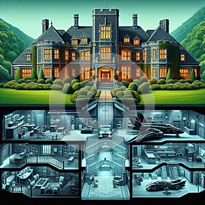 Bruce Wayne manor and below an x-ray vision of the Batman Batcave. photo