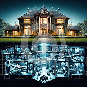 Bruce Wayne manor and below an x-ray vision of the Batman Batcave. photo