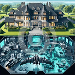 Bruce Wayne manor and below an x-ray vision of the Batman Batcave. photo