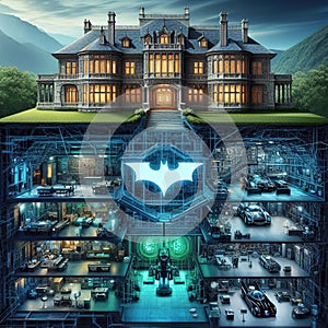Bruce Wayne manor and below an x-ray vision of the Batman Batcave. photo