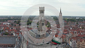 Bruges, Belgium Belfry Belltower Establisher wide view from aerial perspective