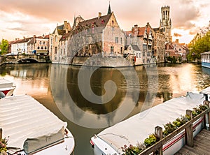 Bruges, Belgium, buildings and canals.