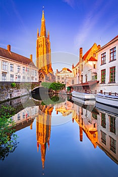 Bruges, Belgium. Dijver Canal and Church of Our Lady, West Flanders