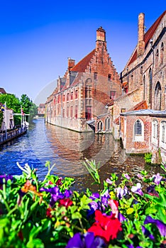 Bruges, Belgium. Dijver Canal seen from Mariabrug Bridge, Flanders