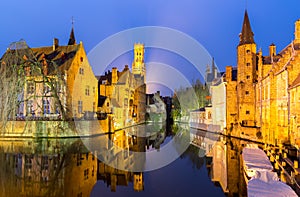 Bruges, Belgium at dusk.