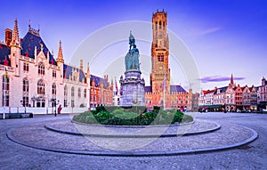 Bruges, Belgium. Grote Markt with Belfry, famous city of Flanders, blue hour colors