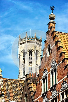 Bruges, Belgium. Historical houses and Belfry tower