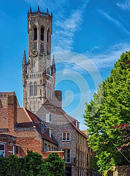 Bruges, Belgium. Historical houses and Belfry tower