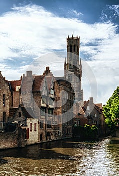 Bruges, Belgium. Historical houses and Belfry tower