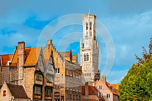 Bruges, Belgium. Historical houses and Belfry tower. photo