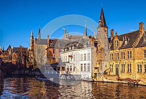 Bruges, Belgium. Image with Rozenhoedkaai in Brugge, Dijver river canal