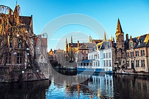 Bruges, Belgium. Image with Rozenhoedkaai in Brugge, Dijver river canal