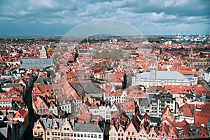 Bruges, Belgium. Panoramic view of Old Town in Bruges, Belgium. Red roofs and quiet streets below