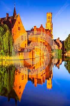 Bruges, Belgium. Rozenhoedkaai, picturesque canal lined with historic buildings in Brugge, West Flanders