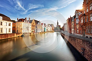 Bruges, Belgium - Scenic cityscape with canal Spiegelrei and Jan