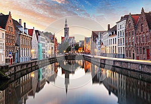 Bruges, Belgium - Scenic cityscape with canal Spiegelrei and Jan