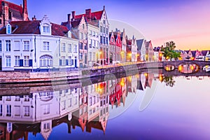 Bruges, Belgium. Sunrise over Spiegelrei Canal, Flanders famous city