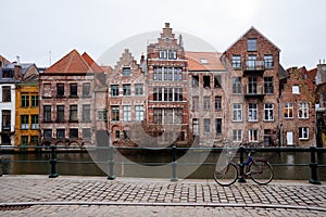 Bruges canals: Spiegelrei and Jan van Eyckplein as background. Belgium photo