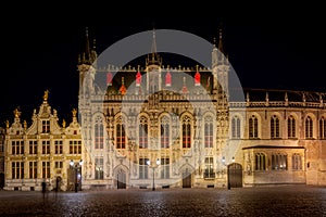 Bruges City Hall Stadhuis van Brugge at night, Brugge, Belgium, Europe