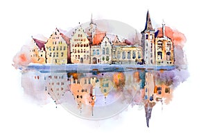 Bruges cityscape watercolor drawing, Belgium. Brugge canal aquarelle painting