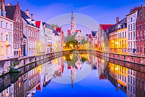 Bruges, Flanders - Belgium. Blue hour sunrise landscape with water reflection houses on Spiegelrei Canal