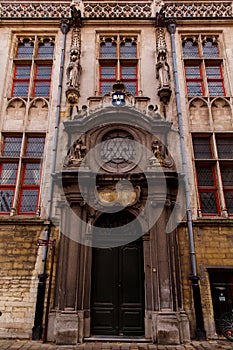 Bruges, Flanders, Belgium, Europe - October 1, 2019. Details of facades medieval old brick houses on the ancient streets in