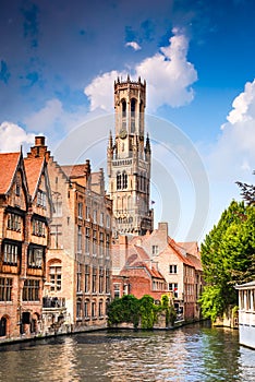 Bruges, Flanders, Belgium - Water canal with flemish houses. photo