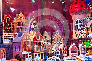 Bruges houses miniature on display at shop window Belgium