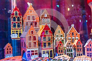 Bruges houses miniature on display at shop window Belgium