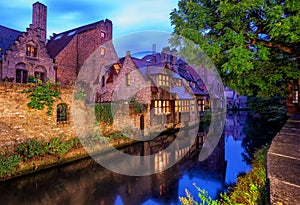 Bruges Old Town, Belgium. Traditional medieval houses on a canal