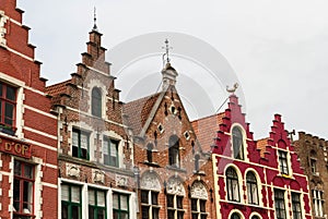 Bruges, row of gables, old town houses.