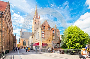 Bruges sightseeing. Sunny Brugge cityscape with clear blue sky