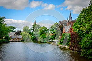 Bruges, view of the lake and the old castle.