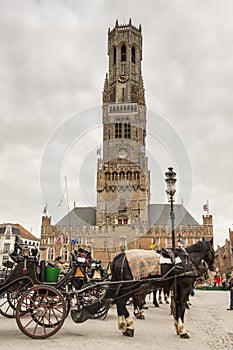 BRUGGE, BELGIUM - APRIL 22:Horses and carriages in