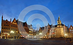 The Market Square in Brugge, Belgium at night