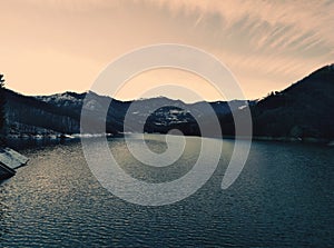 Brugneto lake in a snowy day