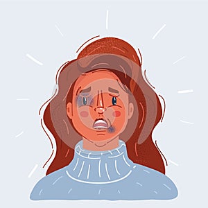 Bruised face woman portrait, domestic violence and abuse victim cartoon vector illustration