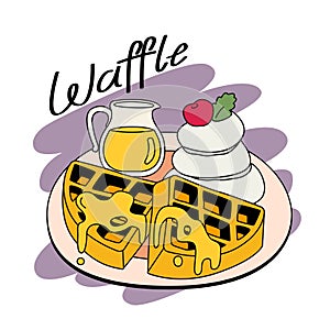 Brunch menu in doodle styles. Waffle topped with honey served with whipped cream and a cup of honey.
