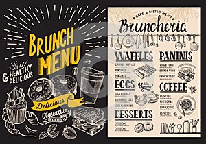 Brunch restaurant menu on blackboard background. Vector food fly photo