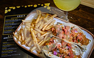 Brunch Tacos with French Fries and a Mimosa