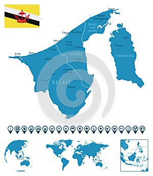 Brunei - detailed blue country map with cities, regions, location on world map and globe. Infographic icons