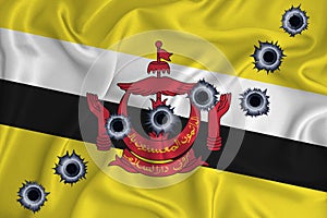 Brunei flag Close-up shot on waving background texture with bullet holes. The concept of design solutions. 3d rendering