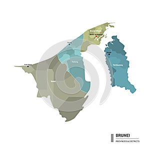 Brunei higt detailed map with subdivisions. Administrative map of Brunei with districts and cities name, colored by states and