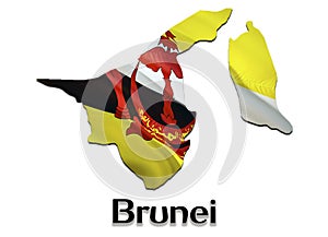 Brunei Map Flag. 3D rendering Brunei map and flag on Asia map. The national symbol of Brunei. Bandar Seri Begawan flag on Asia