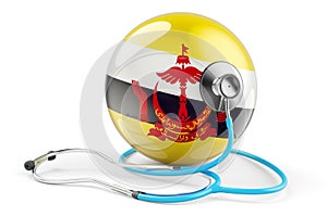 Bruneian flag with stethoscope. Health care in Brunei concept, 3D rendering