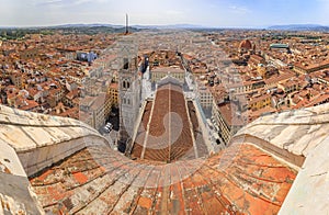 Brunelleschi dome, Giotto tower of Duomo Cathedral, Florence, Italy, aerial view