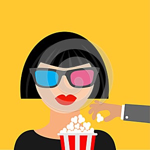 Brunet girl at the Cinema theatre in 3D glasses Hand steal popcorn. Black dress Flat dsign style icon.