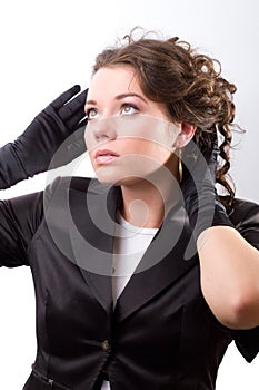 Brunet woman in black gloves