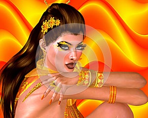 Brunette beauty and fashion, digital model against an abstract orange background.